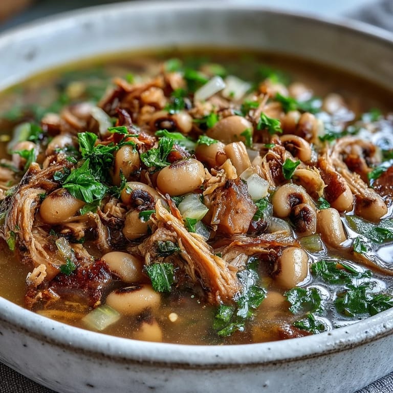 Tender black-eyed peas and smoked meat in a savory broth, perfect for a traditional Southern New Year's meal.