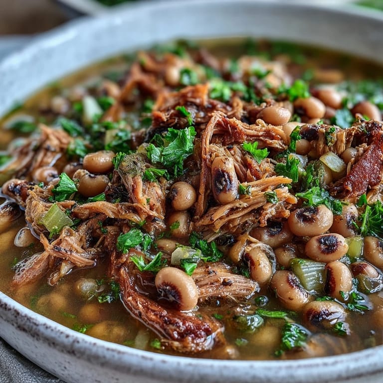 Close-up of Classic New Years Black-Eyed Peas, garnished with fresh parsley and a side of cornbread.