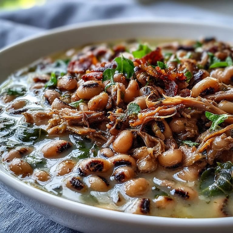Comforting Southern-style Crock-Pot Black-Eyed Peas with Smoked Turkey, garnished with fresh herbs and ready to serve.