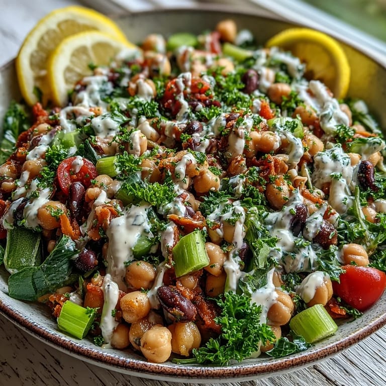 Healthy New Years Hoppin John Salad featuring tender legumes, fluffy rice, and crisp vegetables drizzled with lemony tahini dressing.