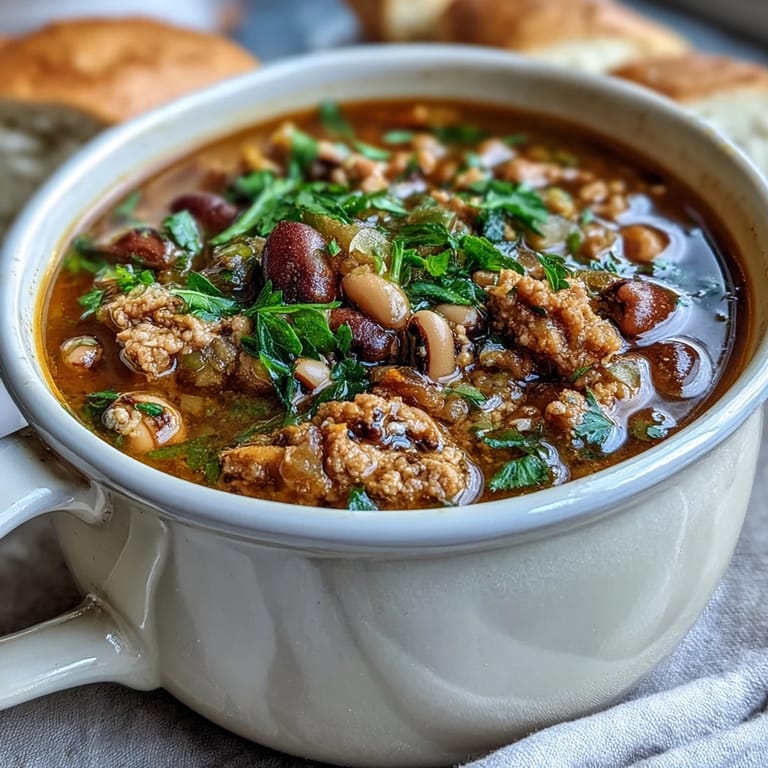 Warm, comforting black-eyed peas and sausage soup garnished with parsley, perfect for chilly evenings or family dinners.  