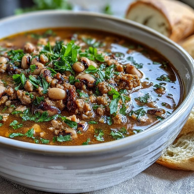 Rich black-eyed peas and sausage soup with tender vegetables, served with crusty bread for a satisfying main dish.