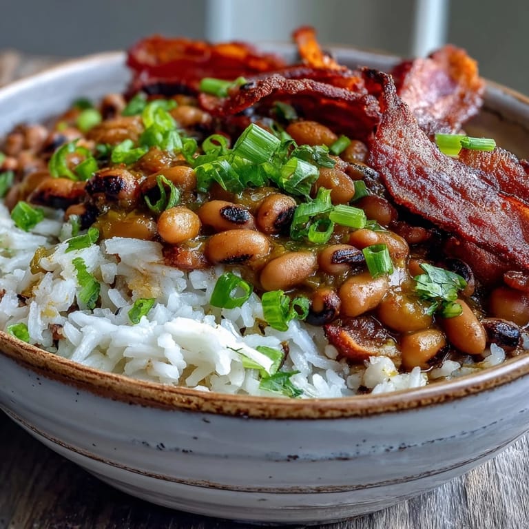 Aromatic Hoppin John with tender black-eyed peas, smoky bacon, and sautéed vegetables, served alongside perfectly cooked rice in a traditional New Year's dish.