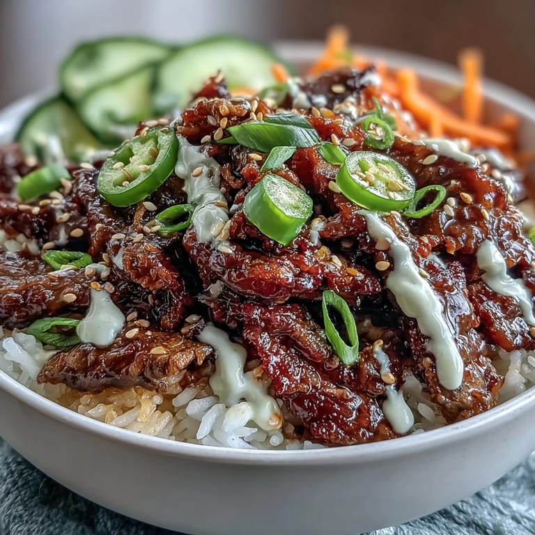 Protein-packed Korean Beef Power Bowl with seared flank steak, tangy pickled carrots, jalapeños, and sesame-ginger sauce.
