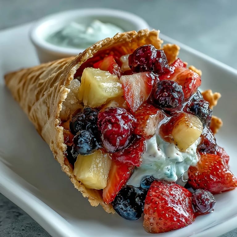 Colorful summer fruit cones packed with pineapple, mango, and grapes, perfect for parties and outdoor gatherings.
