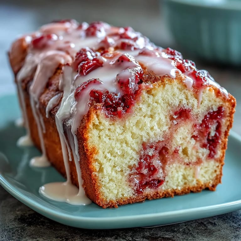 Rich, buttery slices of pound cake marbled with fresh strawberry swirl, topped with a sweet vanilla glaze drizzle.  