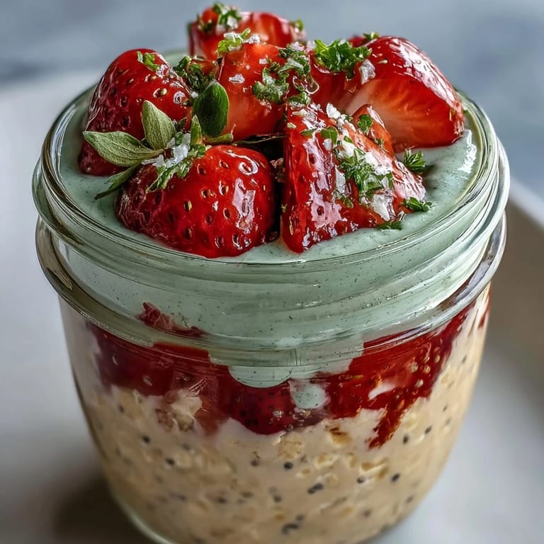 Layered strawberry matcha latte overnight oats in mason jars topped with fresh diced strawberries and a hint of vanilla.