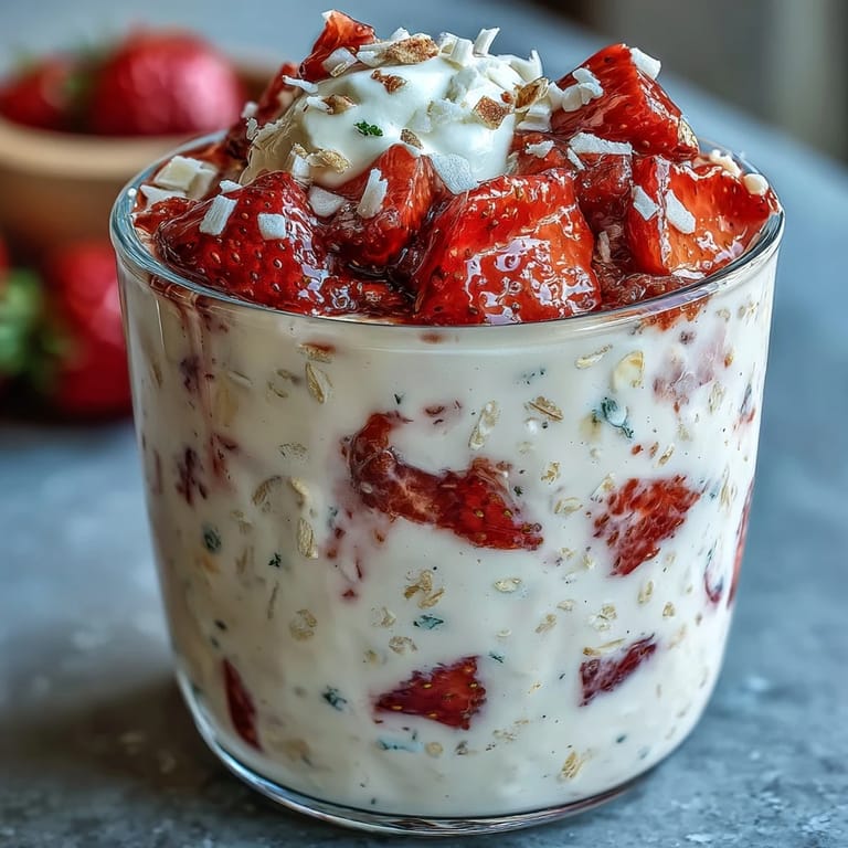 Creamy coconut milk-soaked oats layered with juicy strawberries and a dollop of coconut yogurt for a refreshing spring morning treat.