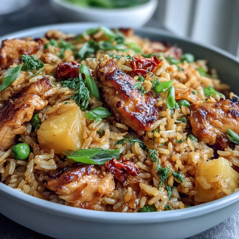 A colorful bowl of sweet chili chicken pineapple fried rice, garnished with fresh cilantro and lime, perfect for a tropical-inspired dinner.