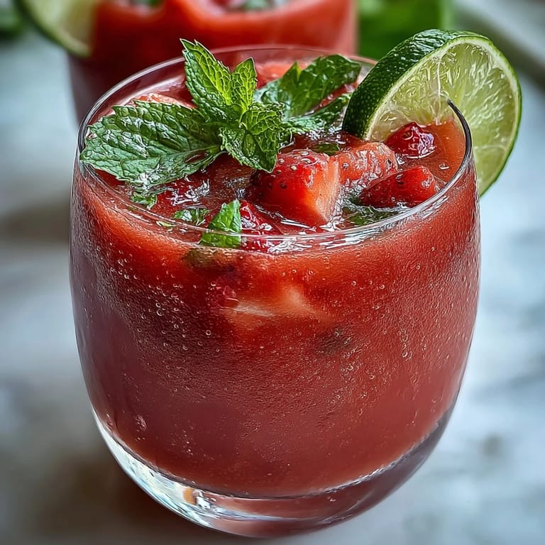 Chilled glasses filled with ruby-red strawberry watermelon daiquiri mocktail, topped with fresh mint sprigs and juicy fruit slices.