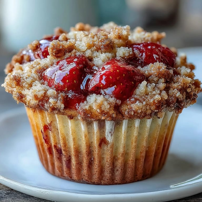 Fluffy strawberry muffins crowned with sweet crumble and bright lemon zest, ideal for a morning treat.