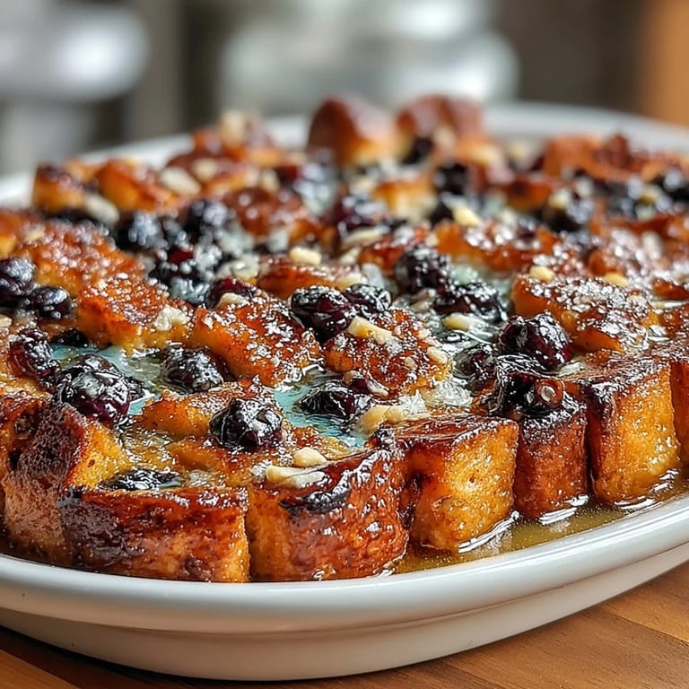 A slice of Blueberry Lemon Sourdough French Toast Casserole topped with powdered sugar and fresh blueberries, perfect for breakfast.