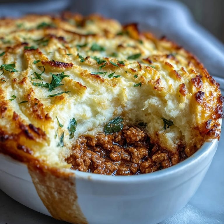 Wholesome turkey shepherd's pie featuring lean ground turkey, mixed vegetables, and a fluffy cauliflower-potato topping, perfect for family dinners.