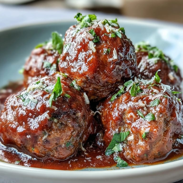 Hearty slow cooker meatballs simmered with herbs and Parmesan, ideal for party appetizers or pasta dinners.  