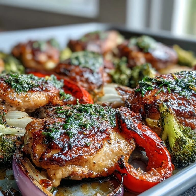 Roasted chicken breasts and colorful vegetables drizzled with olive oil and Italian herbs on a sheet pan.