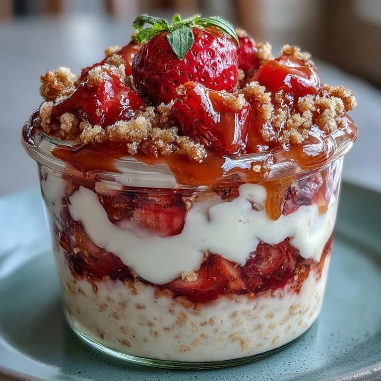 Strawberry cheesecake overnight oats served in a mason jar with fresh berries and golden graham cracker crumbs.