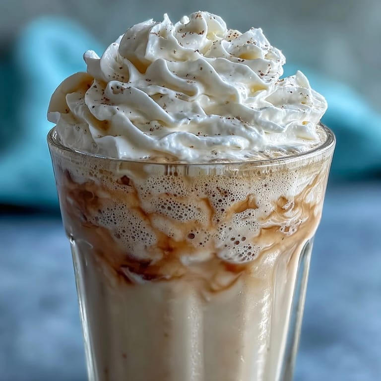 High-protein vanilla bean frappuccino shake with Greek yogurt and almond milk, blended until smooth and topped with light whipped cream.  