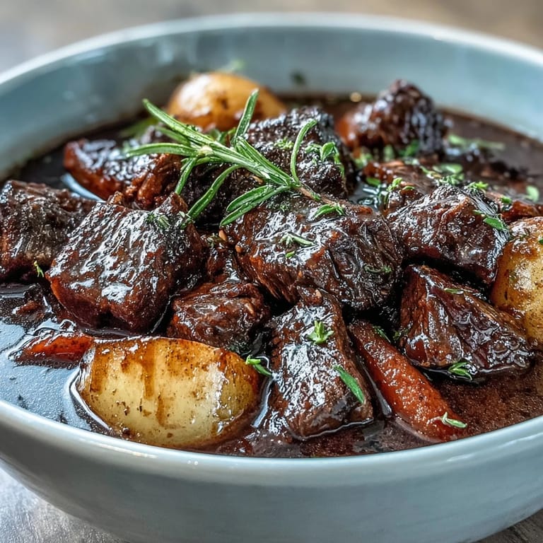Rich and hearty beef stew featuring succulent beef and earthy root vegetables, ideal for family gatherings or cozy evenings.