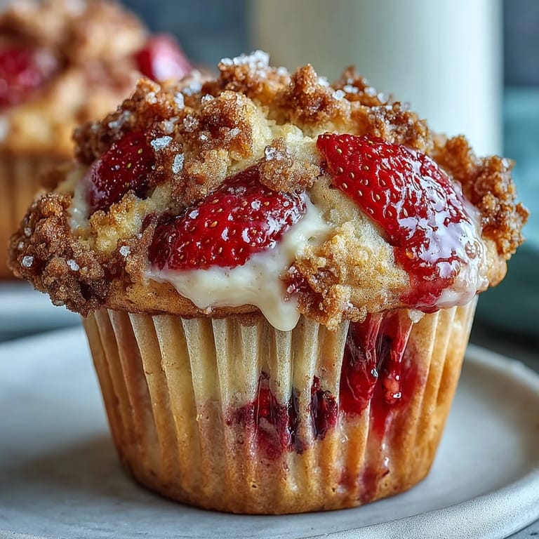 A close-up of a fresh Strawberry Yogurt Muffin showing the soft interior and bright red strawberry chunks.
