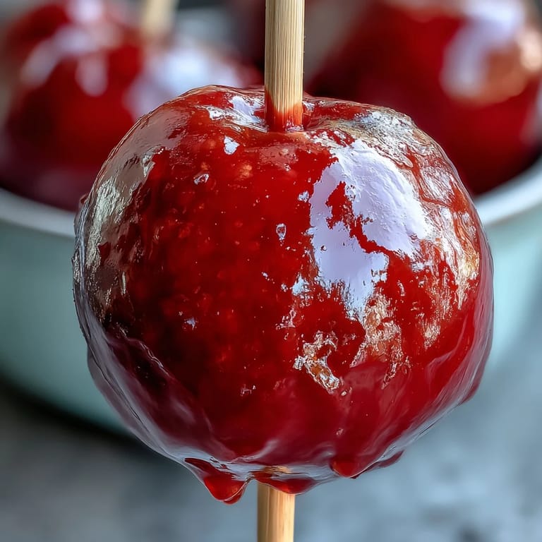 Shiny red candy shell enveloping crisp green apples, a nostalgic American treat for holidays and special events.