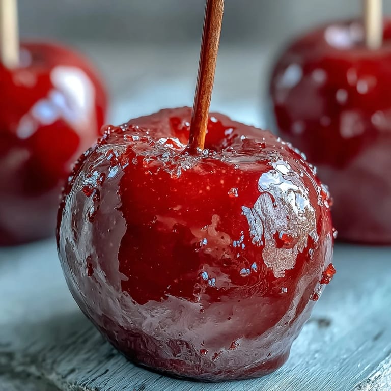 Vibrant red candy apples on a baking sheet, showcasing their hard, glossy finish and festive appearance.
