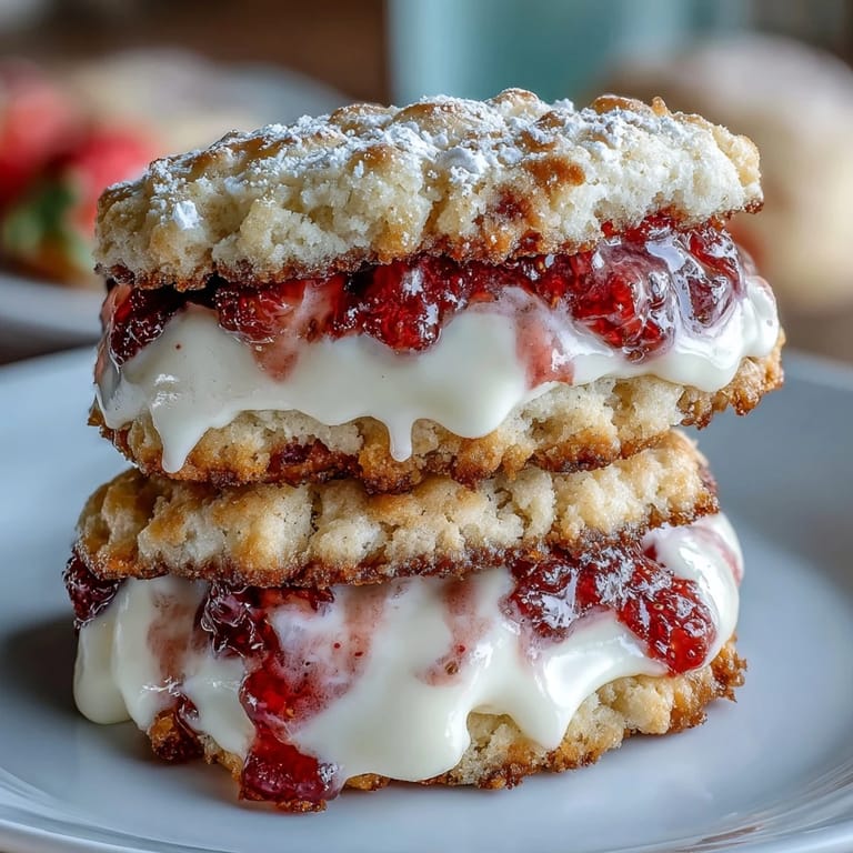 Buttery strawberry shortcake cookies filled with creamy vanilla filling and diced strawberries, perfect for dessert.