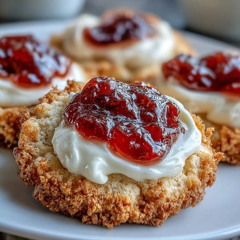 Buttery shortbread-style cookies topped with rich clotted cream and sweet strawberry jam, ideal for dessert or afternoon tea.