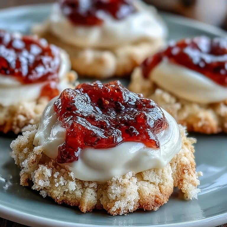 Golden-edged butter cookies with creamy clotted cream and vibrant strawberry jam nestled in each thumbprint.