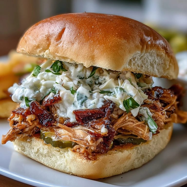 Slow-cooked tender chicken with bold ranch and au jus flavors, topped with crisp coleslaw on mini buns.  