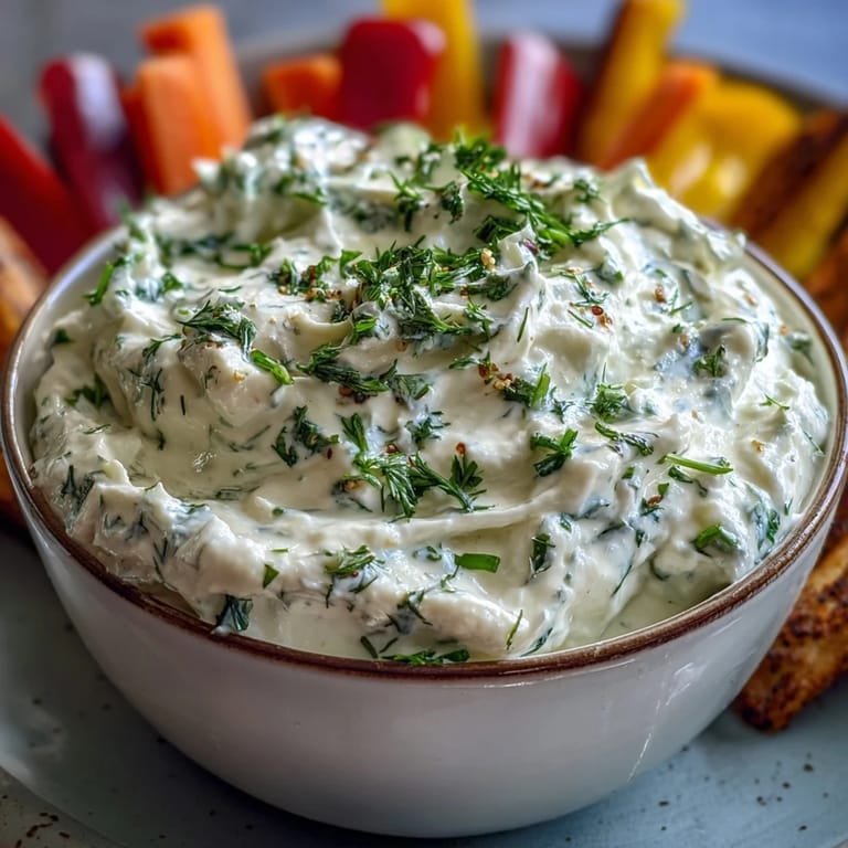 Creamy protein-rich cottage cheese ranch dip paired with crisp, colorful veggie sticks.  