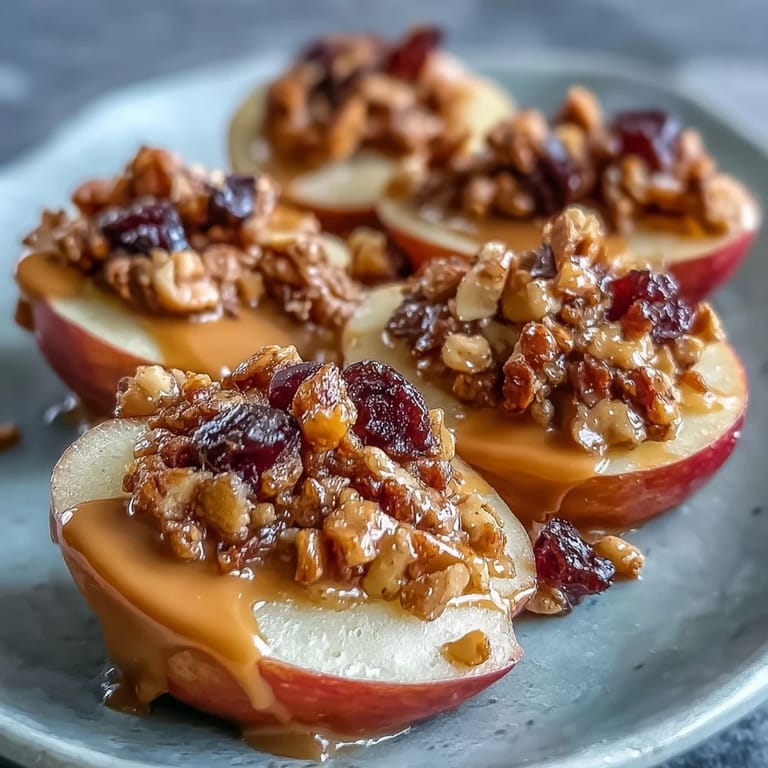 Sweet and tart apple slices topped with peanut butter drizzle and granola, perfect for kids and parties.