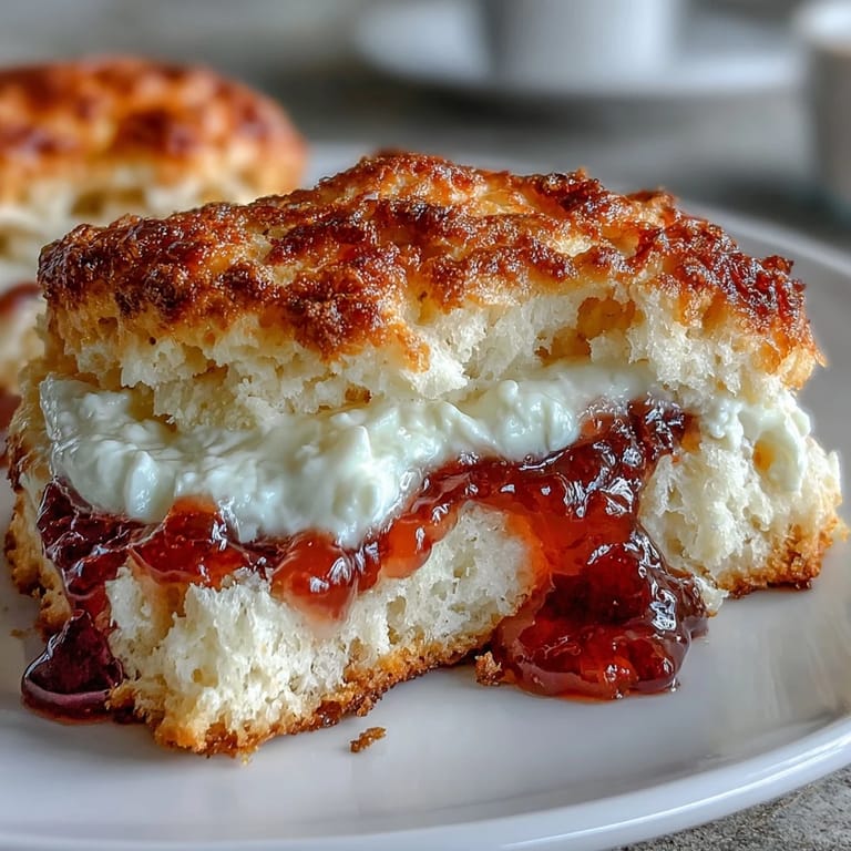 Warm homemade scones split and topped with rich clotted cream and vibrant berry jam, ideal for afternoon tea.