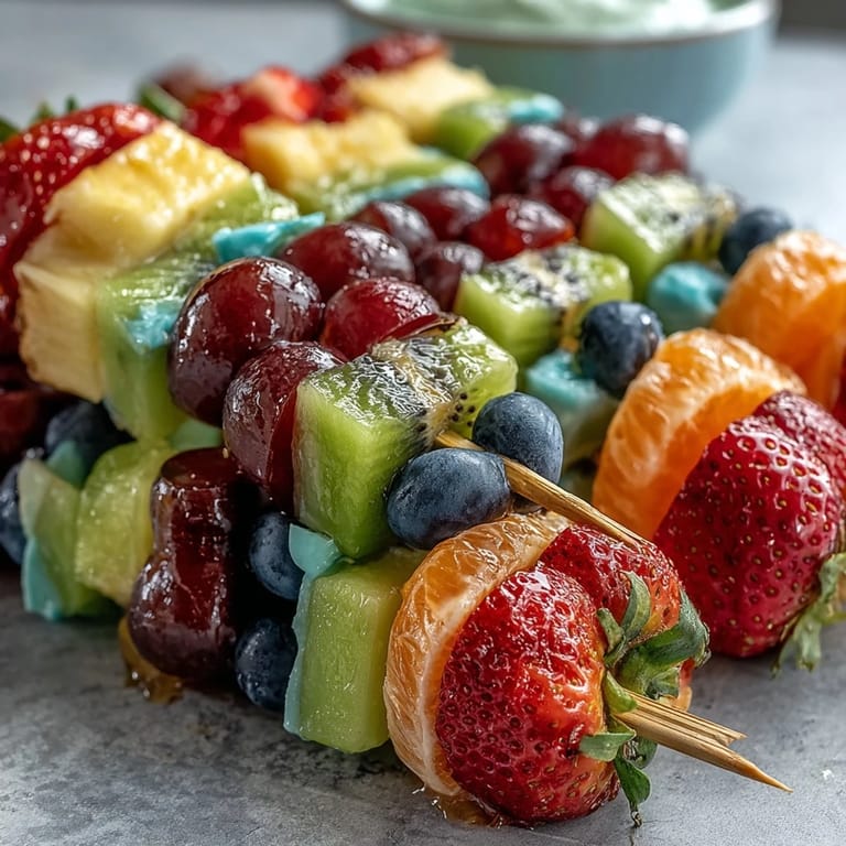 Kid-friendly St. Patricks Day snack featuring colorful fruit arranged in rainbow order on wooden sticks, paired with tangy Greek yogurt dip for a refreshing party platter.