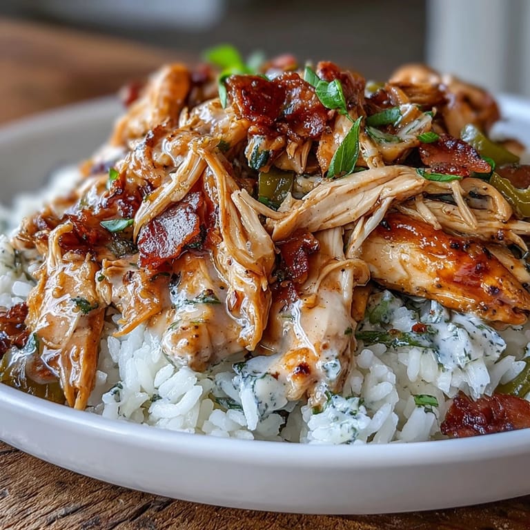 Easy meal prep Mississippi chicken bowls with slow-cooked chicken, au jus gravy, and butter served over steaming white rice.  