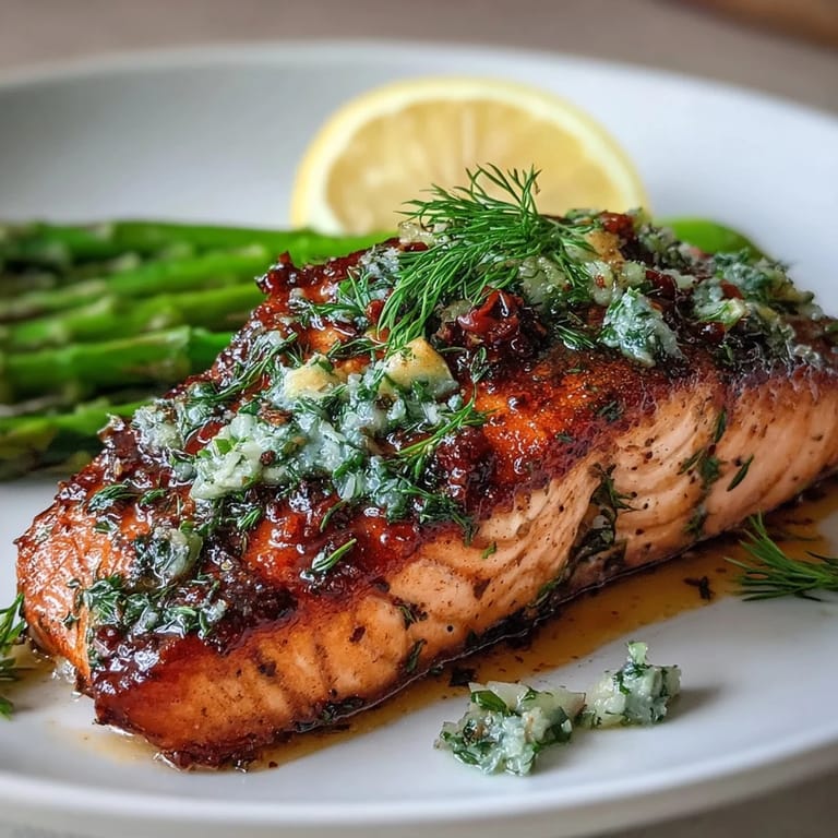 Succulent salmon with dill and parsley crust, paired with tender asparagus, ready for a wholesome family dinner or elegant gathering.  