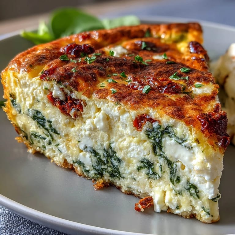 Savory Mediterranean frittata featuring tender spinach, tangy feta, and sweet-tart sun-dried tomatoes, perfect for a gluten-free vegetarian meal.