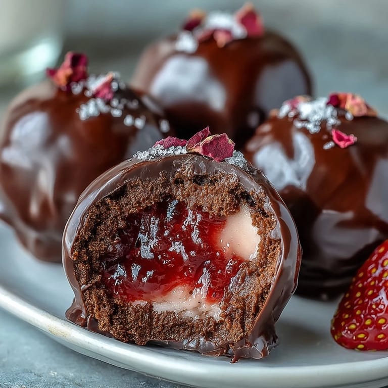 Decadent bite-sized strawberry truffles infused with cardamom and rosewater, enrobed in glossy dark chocolate for a Middle Eastern treat.