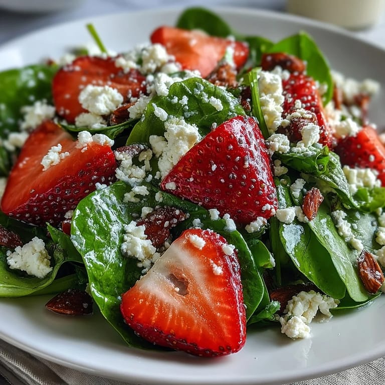 Vibrant spinach and strawberry salad with creamy poppyseed dressing, garnished with toasted nuts and red onion slices.