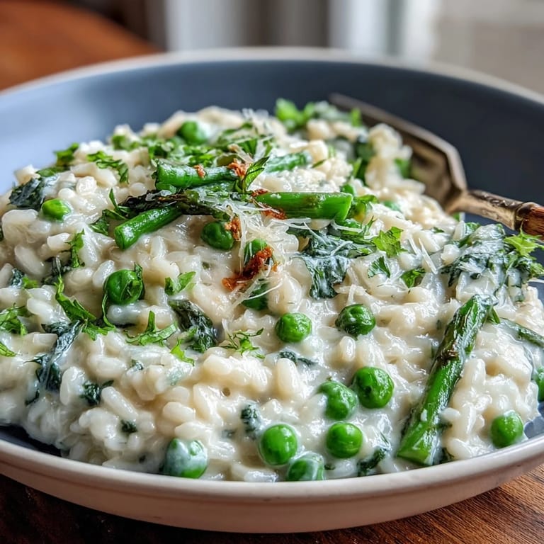 Golden risotto with tender Arborio rice, sweet peas, and mint, finished with Parmesan and lemon zest for a vibrant main dish.  