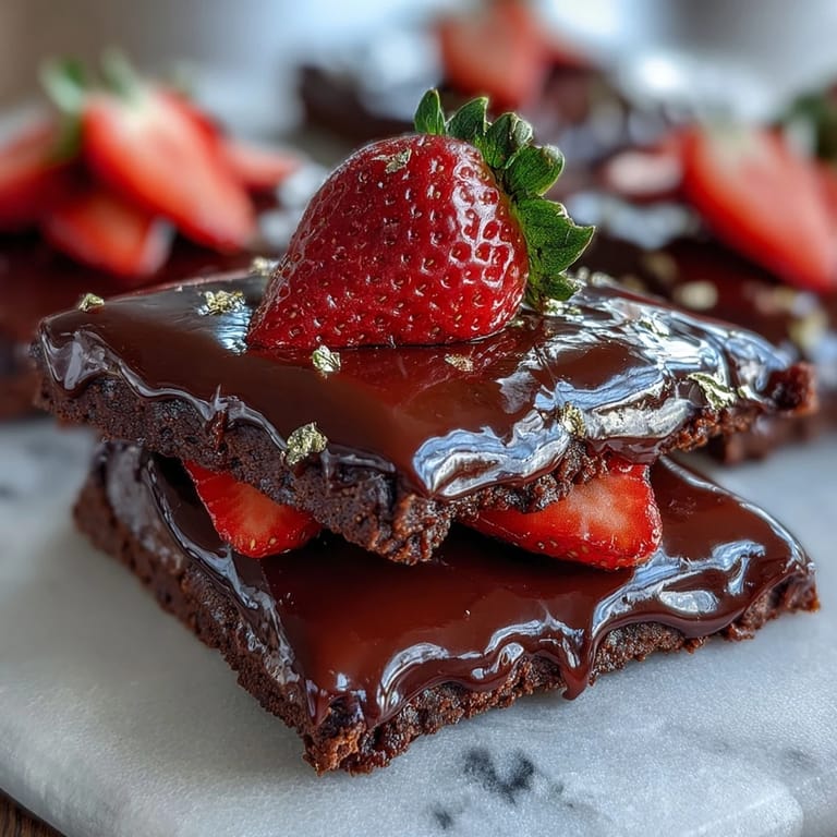 Rich Dubai Chocolate Strawberry Bark featuring juicy strawberries, crunchy pistachios, and gold leaf on a marbled chocolate base.