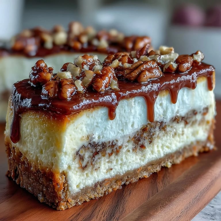 Decadent carrot cake cheesecake bars combining warm spices, grated carrots, and luscious cheesecake, finished with a sweet cream cheese frosting.