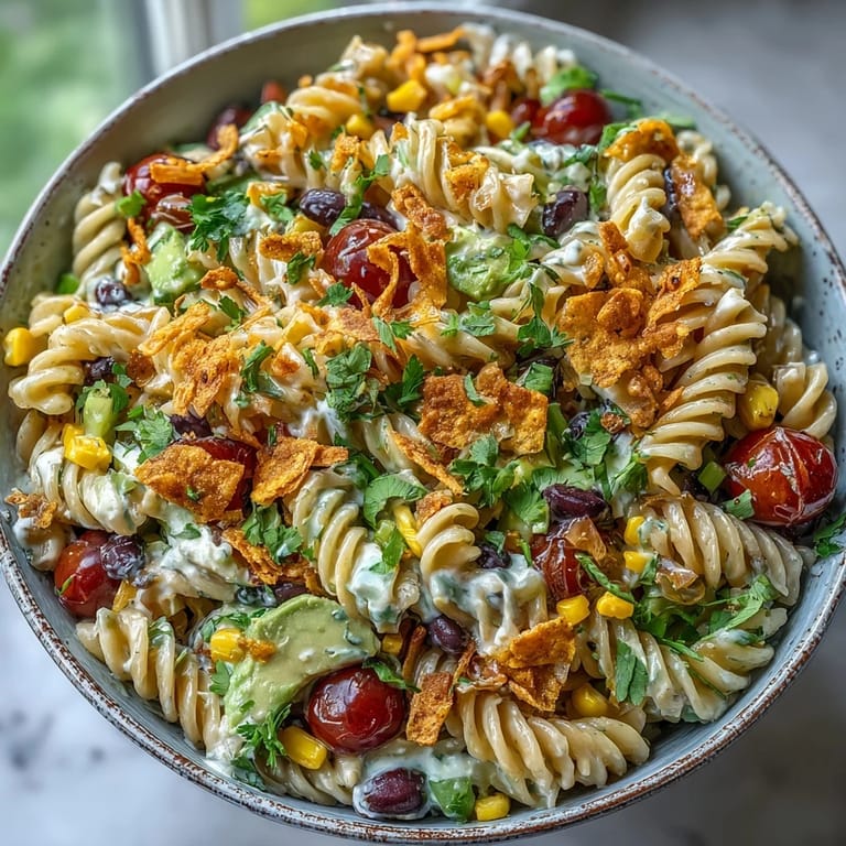 Colorful summer potluck dish featuring cheesy taco pasta salad with fresh cilantro, red bell pepper, and zesty lime dressing.  