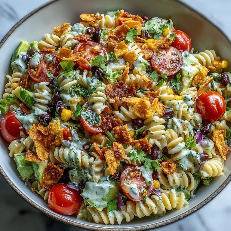 Easy Tex-Mex pasta salad with cheddar cheese, cherry tomatoes, and crunchy tortilla chips, perfect for casual gatherings.