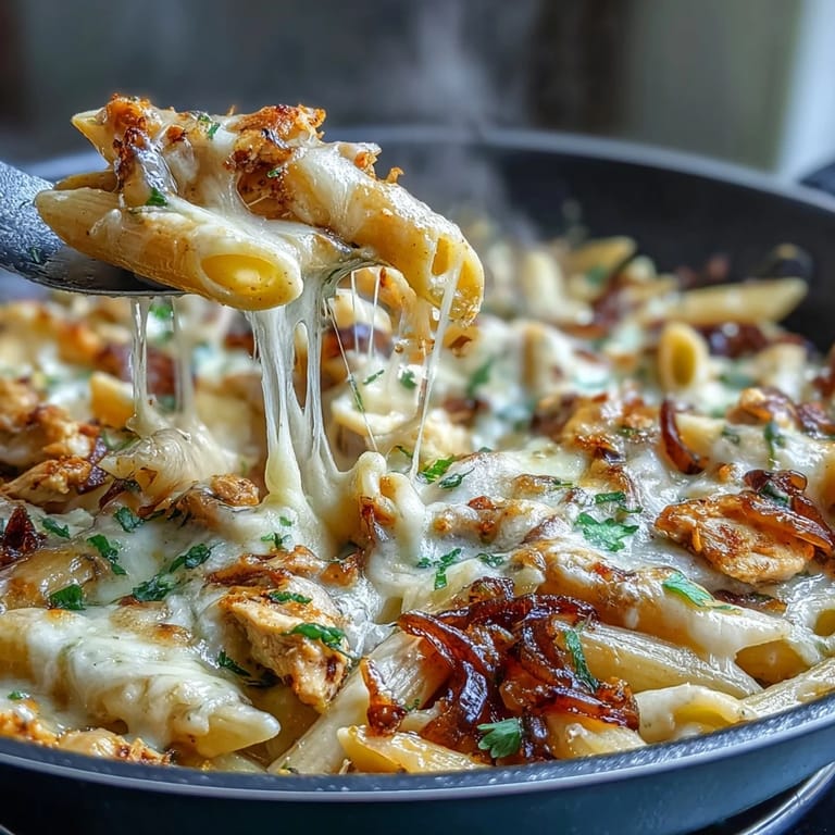 Rich one-pot French onion chicken pasta with slow-cooked onions, shredded Gruyère, and al dente pasta for ultimate comfort.