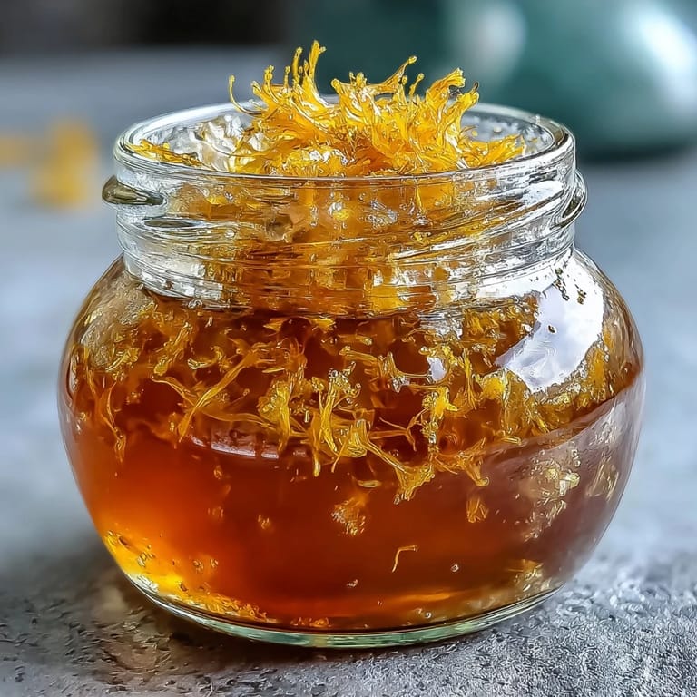 Floral dandelion jelly infused with zesty lemon and sweet honey, beautifully set in glass jars for a sunny preserve.