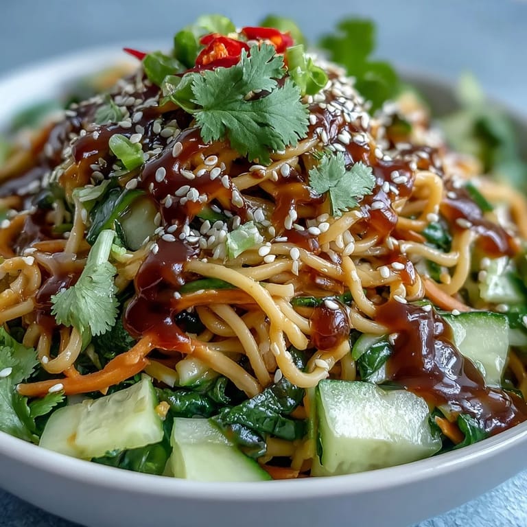 Asian-inspired cold sesame noodle bowl with fresh herbs, crunchy vegetables, and zesty lime on the side.