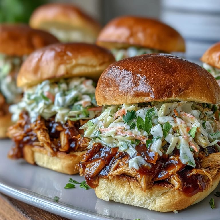 Shredded BBQ chicken topped with crisp coleslaw on golden slider buns, a mouthwatering handheld classic for American celebrations.