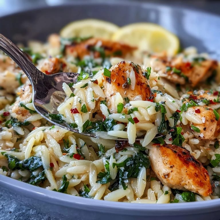 Lemon Orzo with Chicken and Spinach, a vibrant Mediterranean-inspired dish with golden chicken, bright citrus, and fresh greens.