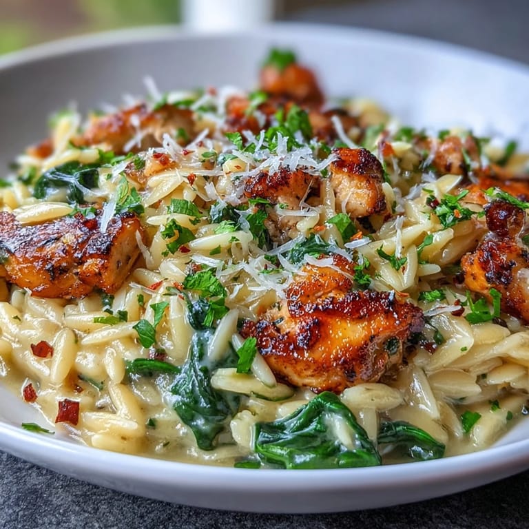 One-pan Lemon Orzo with Chicken and Spinach, featuring tender chicken, fresh spinach, and zesty lemon in a creamy sauce.  