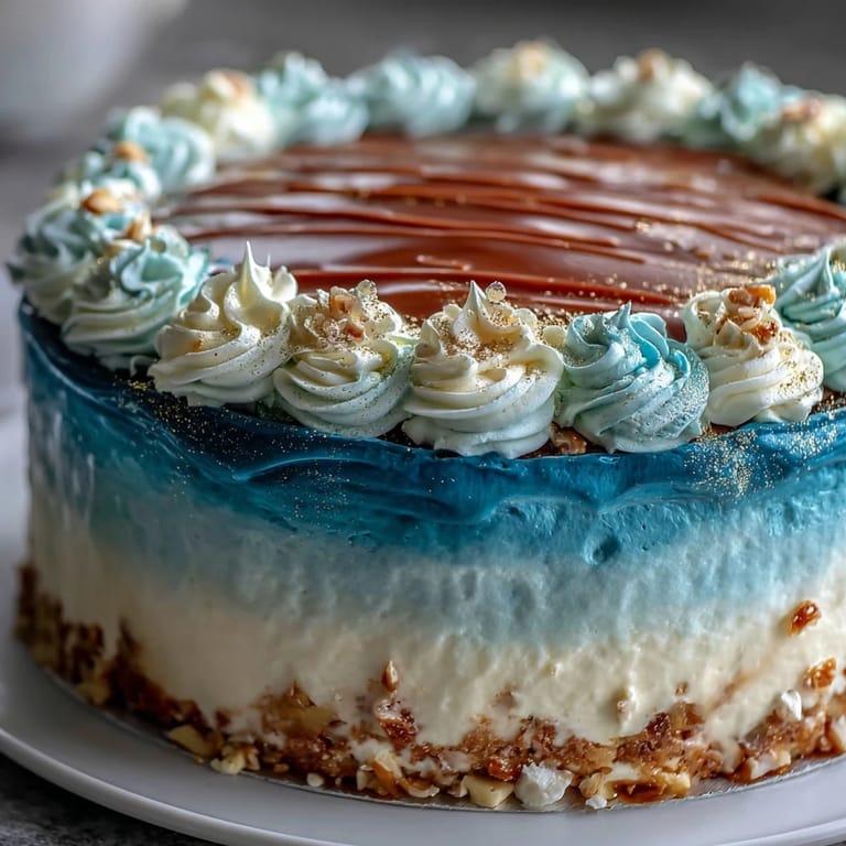 Rich ombre blue cake layers stacked and frosted with smooth vanilla buttercream, finished with shimmering gold leaf accents.